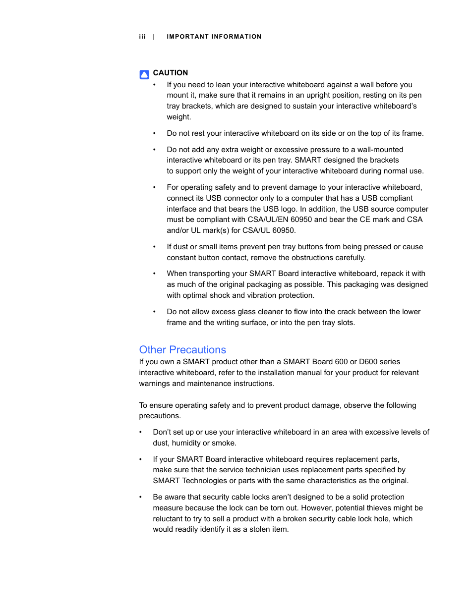 Other precautions | Smart Technologies SMART Board D600 User Manual | Page 5 / 68