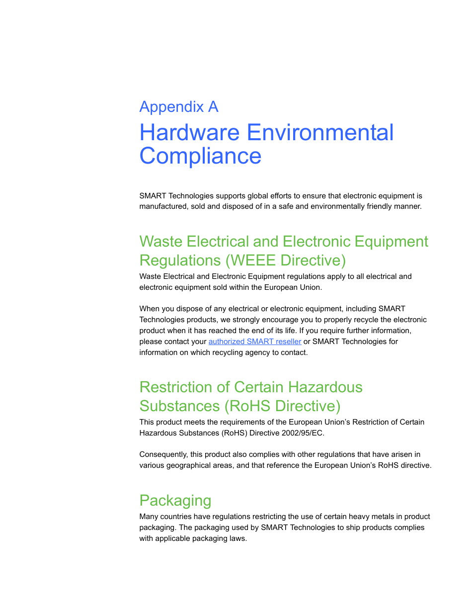 Hardware environmental compliance, Packaging, A hardware environmental compliance | Appendix a | Smart Technologies SMART Board D600 User Manual | Page 59 / 68