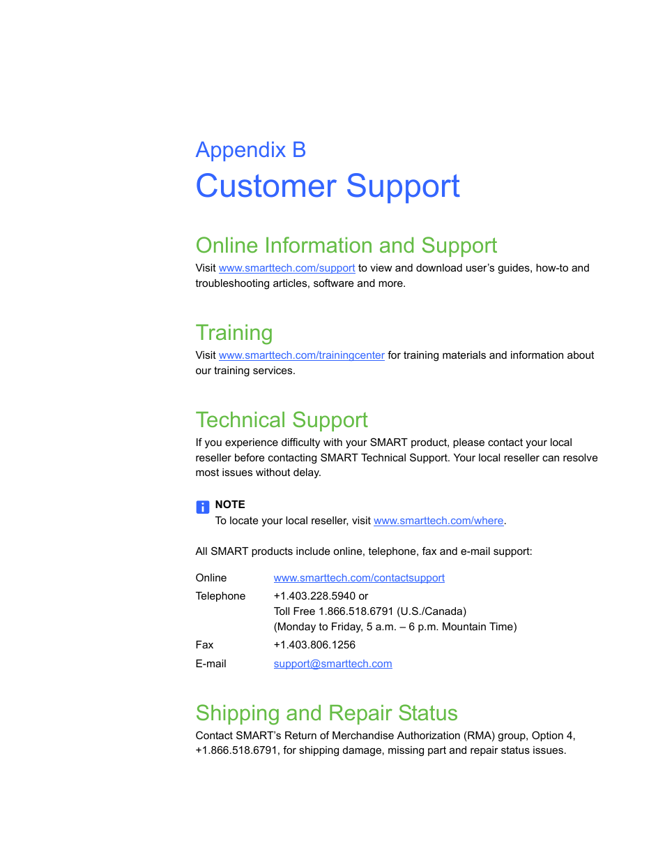 Customer support, Online information and support, Training | Technical support, Shipping and repair status, B customer support, Appendix b | Smart Technologies SMART Board D600 User Manual | Page 61 / 68