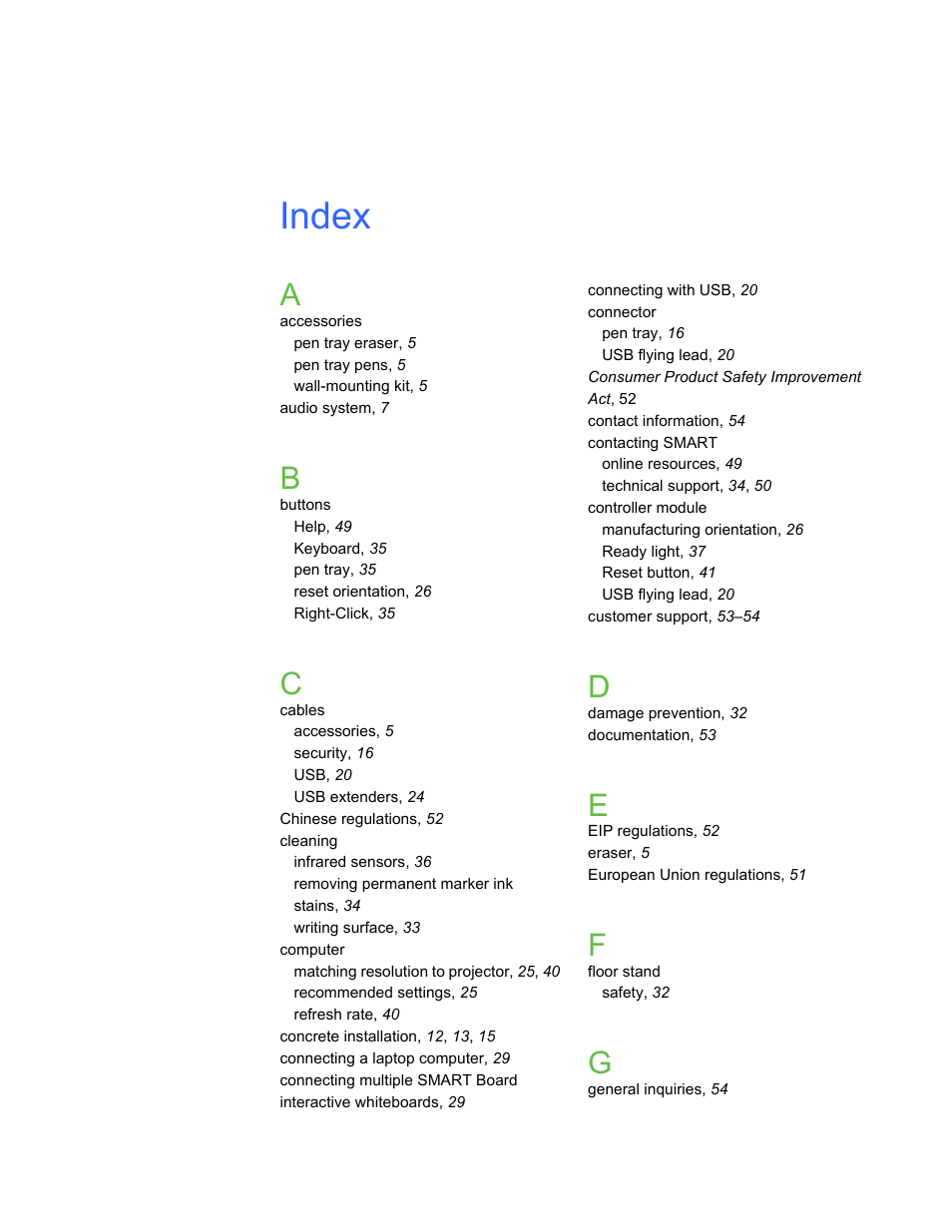 Index | Smart Technologies SMART Board D600 User Manual | Page 63 / 68