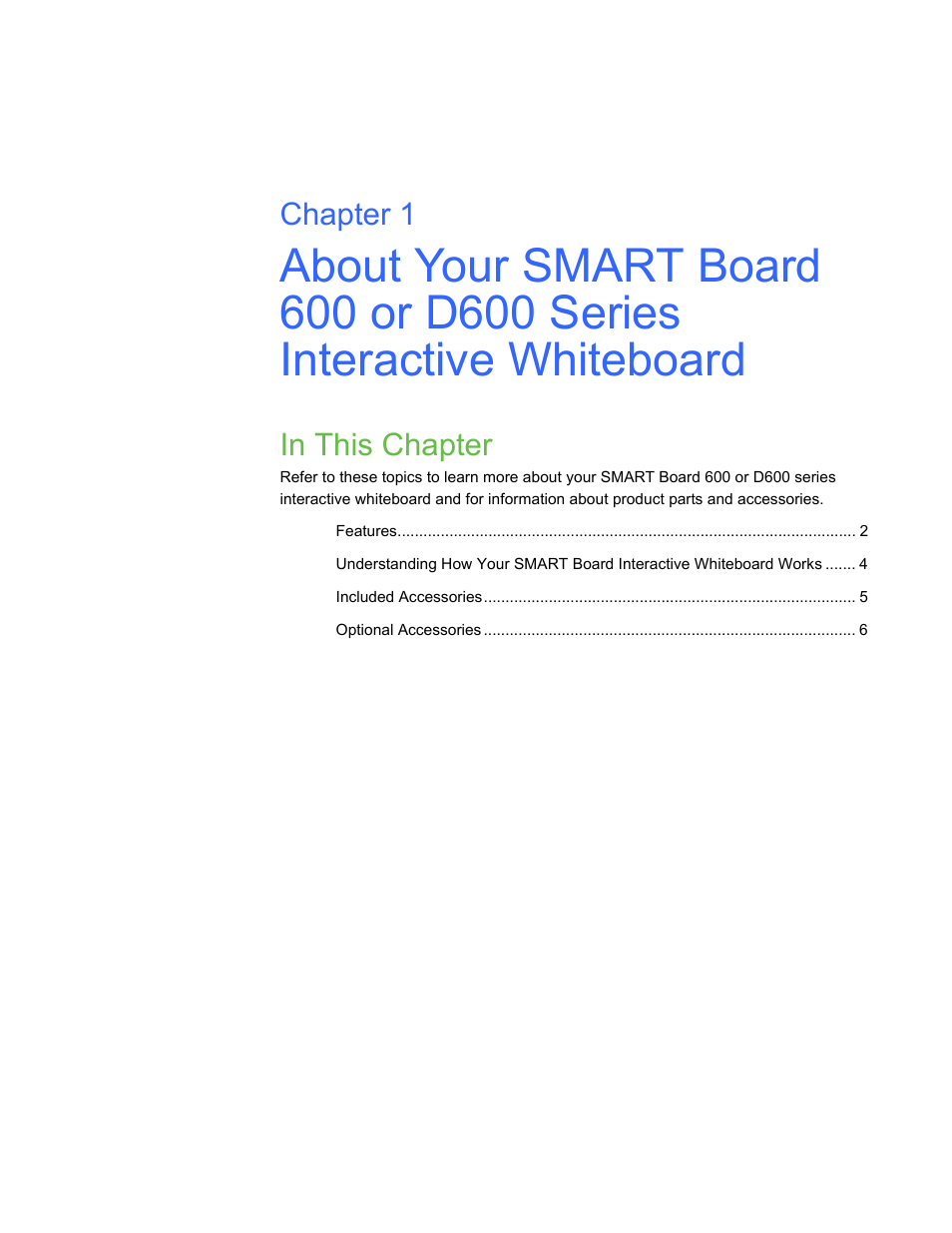 In this chapter, Chapter 1 | Smart Technologies SMART Board D600 User Manual | Page 9 / 68
