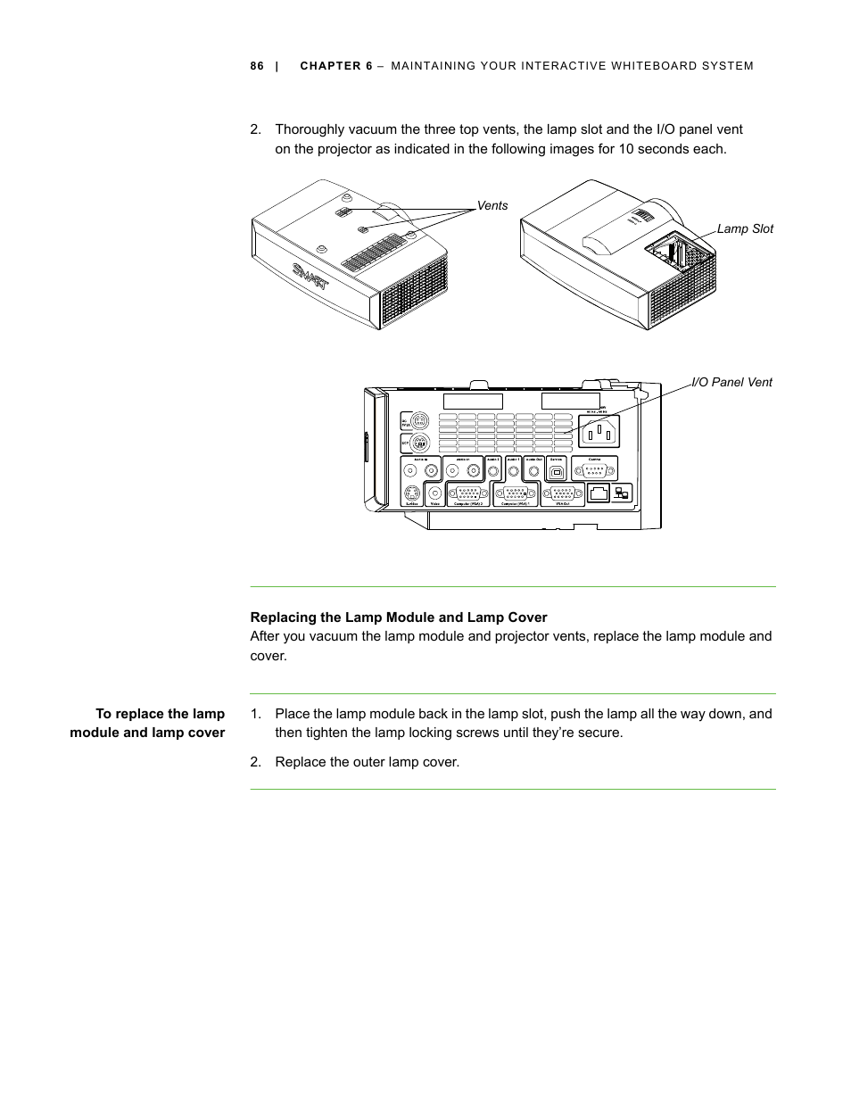 Replacing the lamp module and lamp cover | Smart Technologies Smart Board Interactive Whiteboard Systems 600i4 User Manual | Page 102 / 124