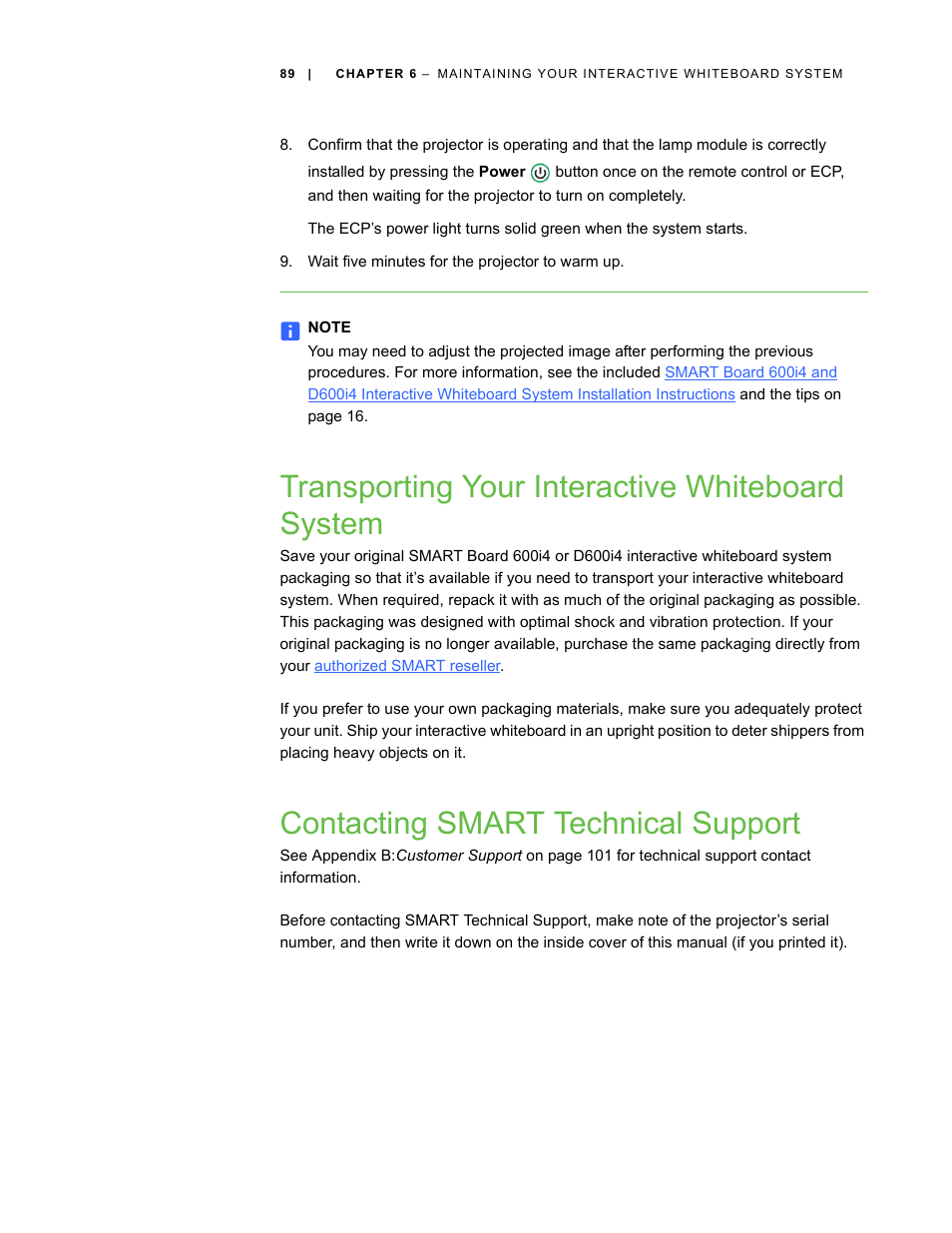 Transporting your interactive whiteboard system, Contacting smart technical support | Smart Technologies Smart Board Interactive Whiteboard Systems 600i4 User Manual | Page 105 / 124