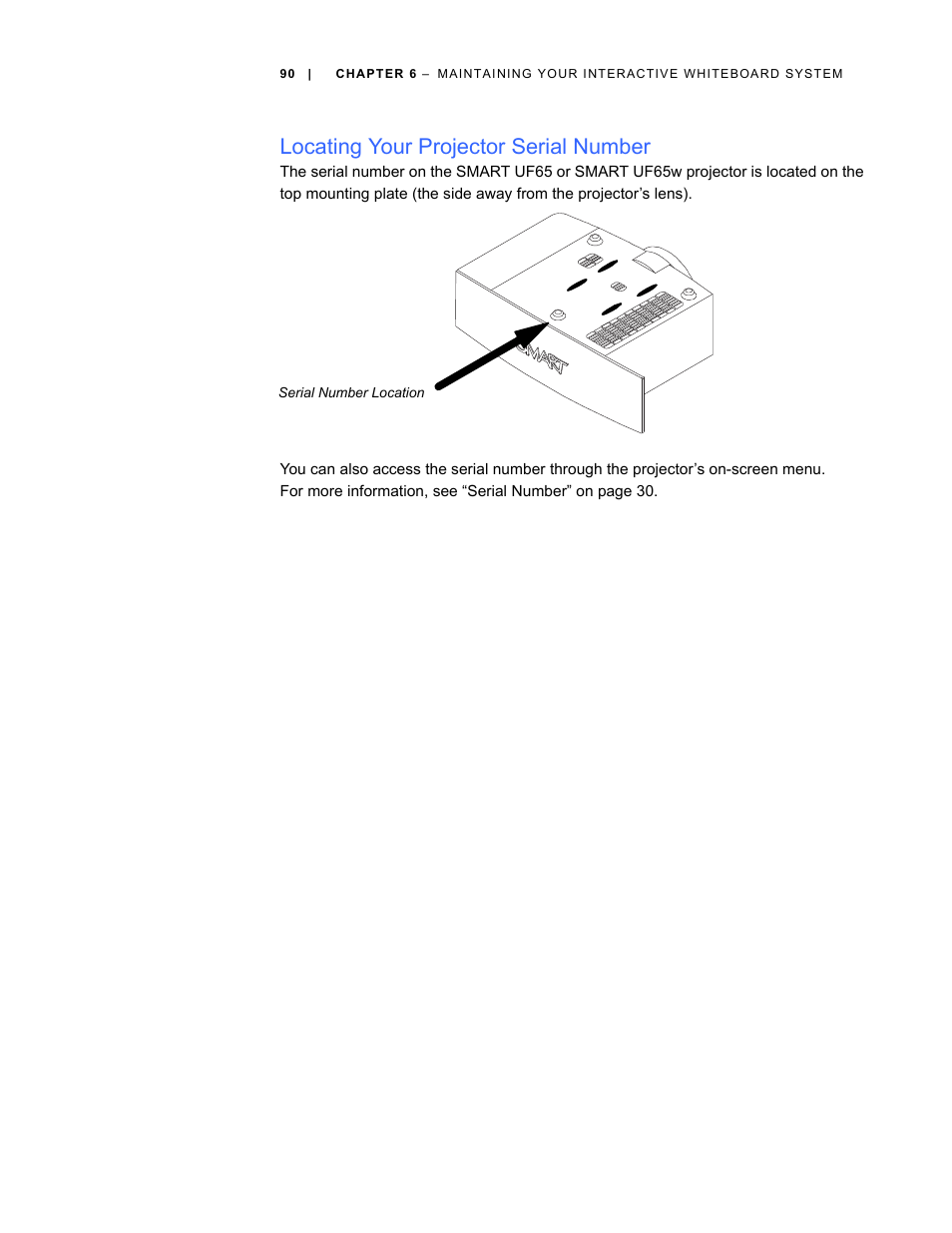 Locating your projector serial number | Smart Technologies Smart Board Interactive Whiteboard Systems 600i4 User Manual | Page 106 / 124