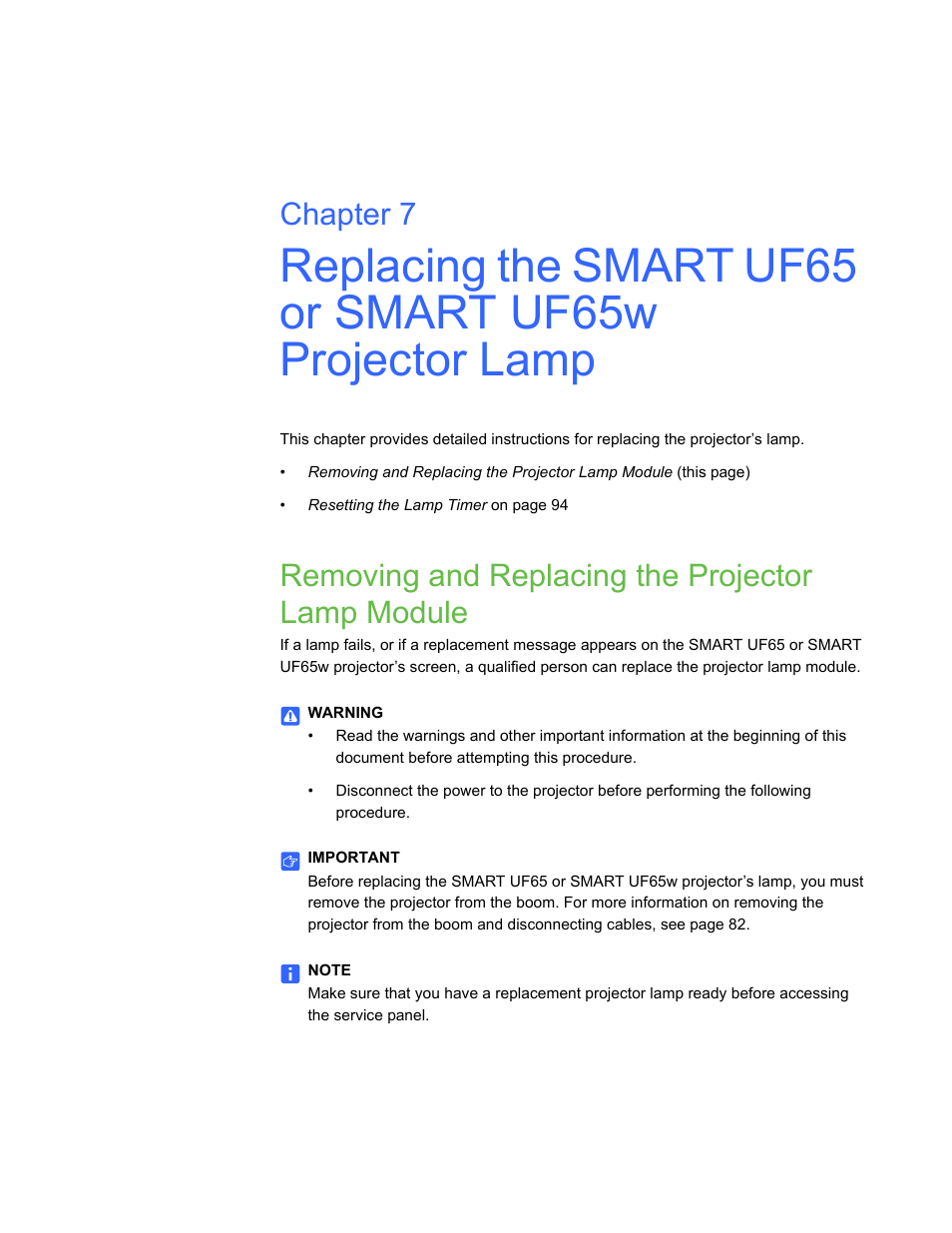 Removing and replacing the projector lamp module, Chapter 7 | Smart Technologies Smart Board Interactive Whiteboard Systems 600i4 User Manual | Page 107 / 124