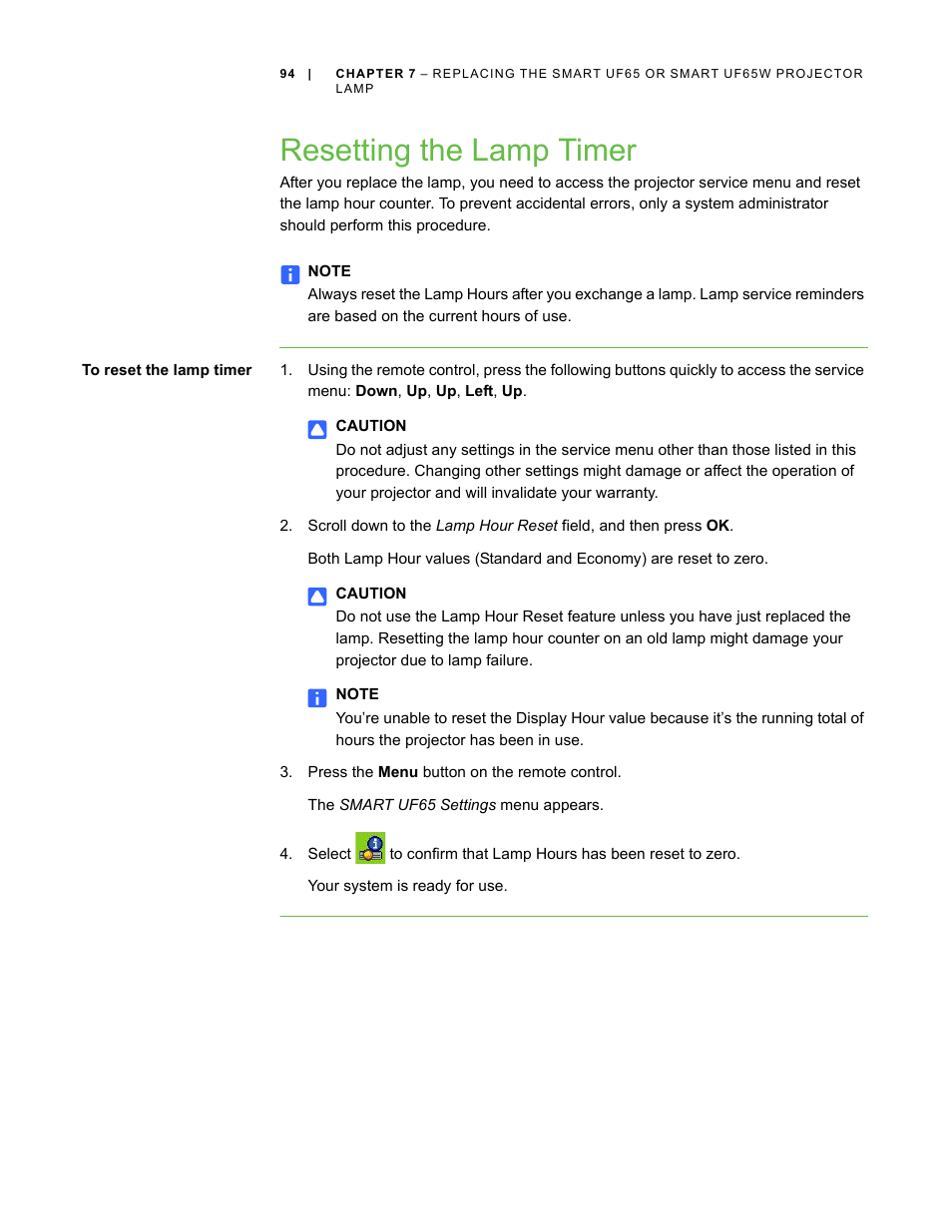 Resetting the lamp timer | Smart Technologies Smart Board Interactive Whiteboard Systems 600i4 User Manual | Page 110 / 124
