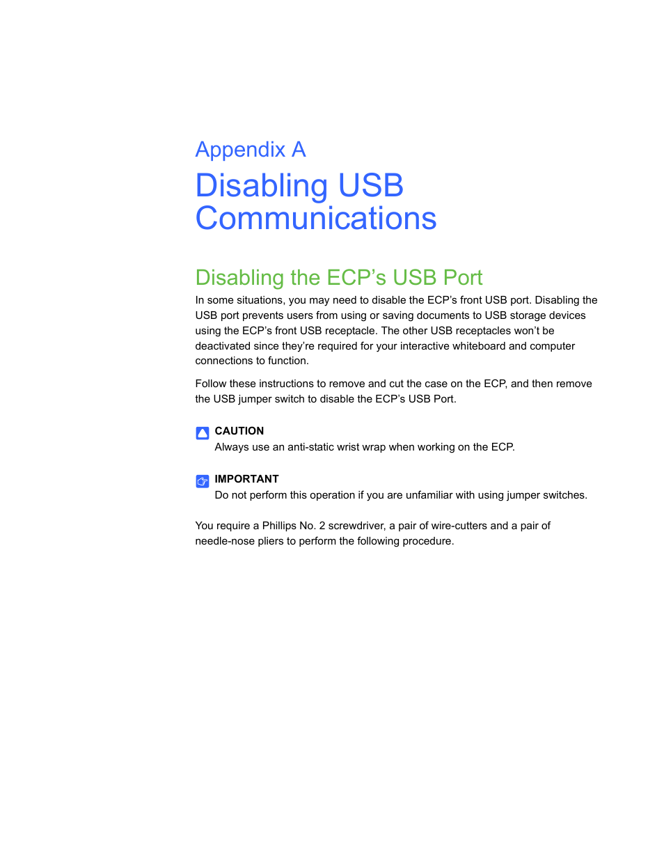 Disabling usb communications, Disabling the ecp’s usb port, A disabling usb communications | Appendix a | Smart Technologies Smart Board Interactive Whiteboard Systems 600i4 User Manual | Page 111 / 124