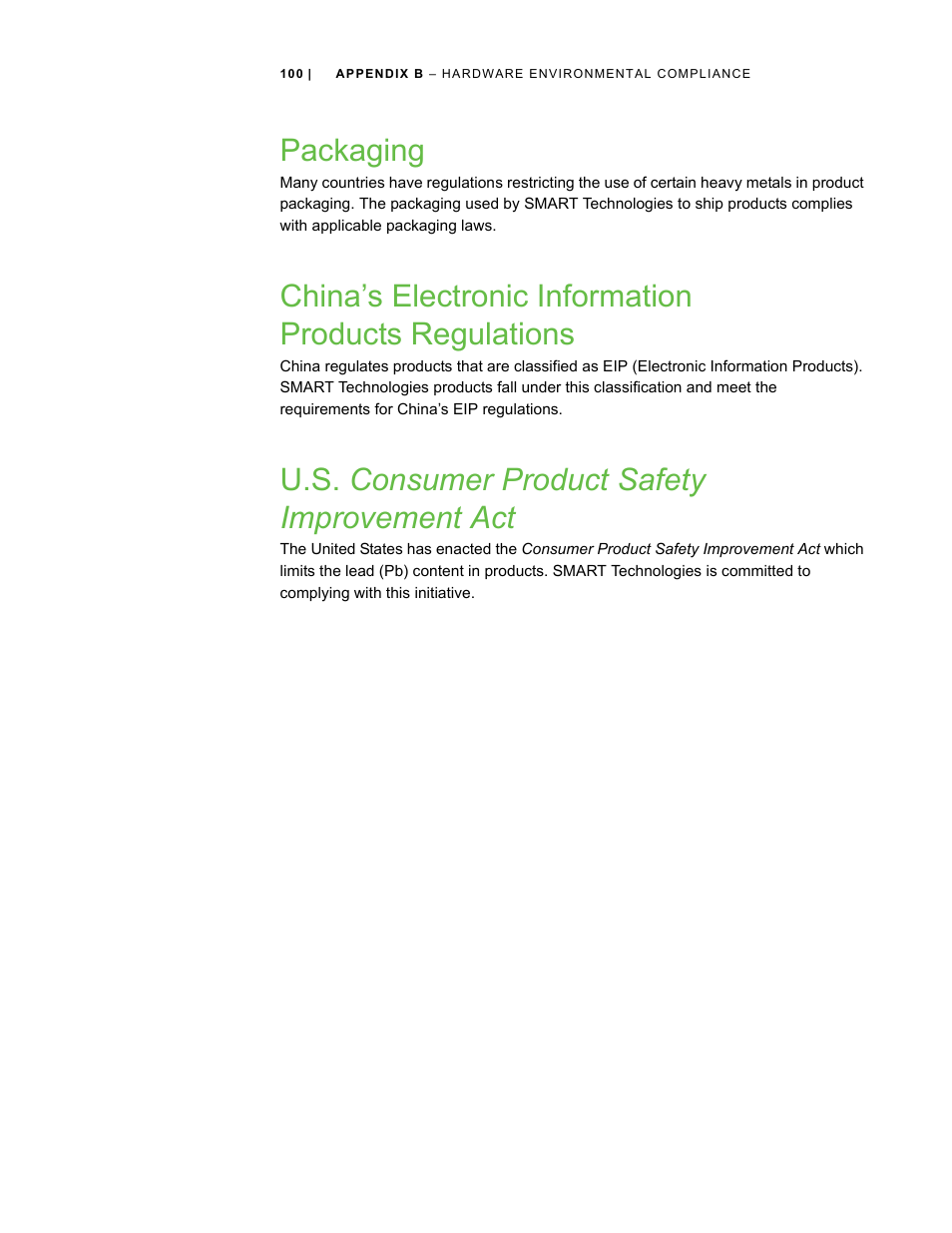 Packaging, U.s. consumer product safety improvement act | Smart Technologies Smart Board Interactive Whiteboard Systems 600i4 User Manual | Page 116 / 124