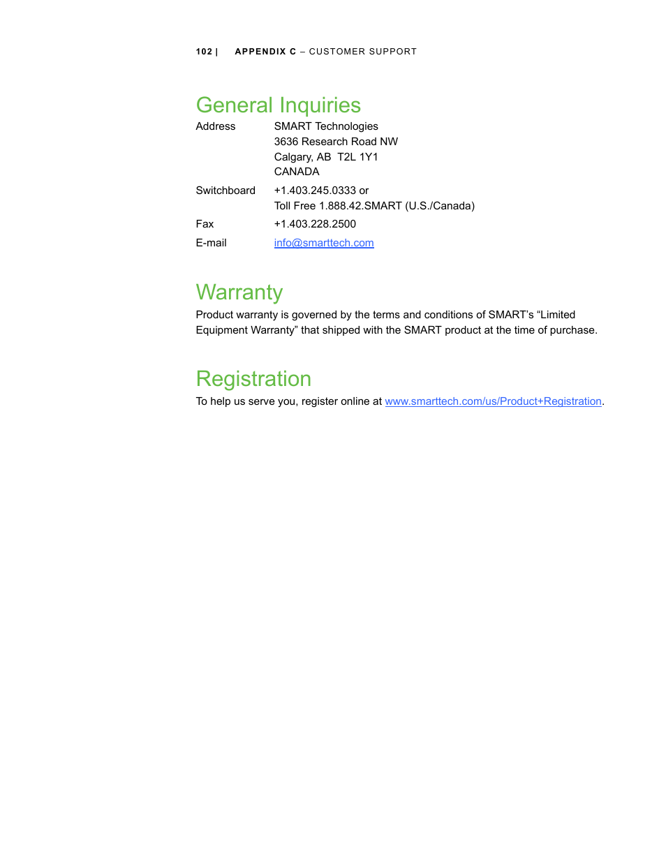 General inquiries, Warranty, Registration | General inquiries warranty | Smart Technologies Smart Board Interactive Whiteboard Systems 600i4 User Manual | Page 118 / 124