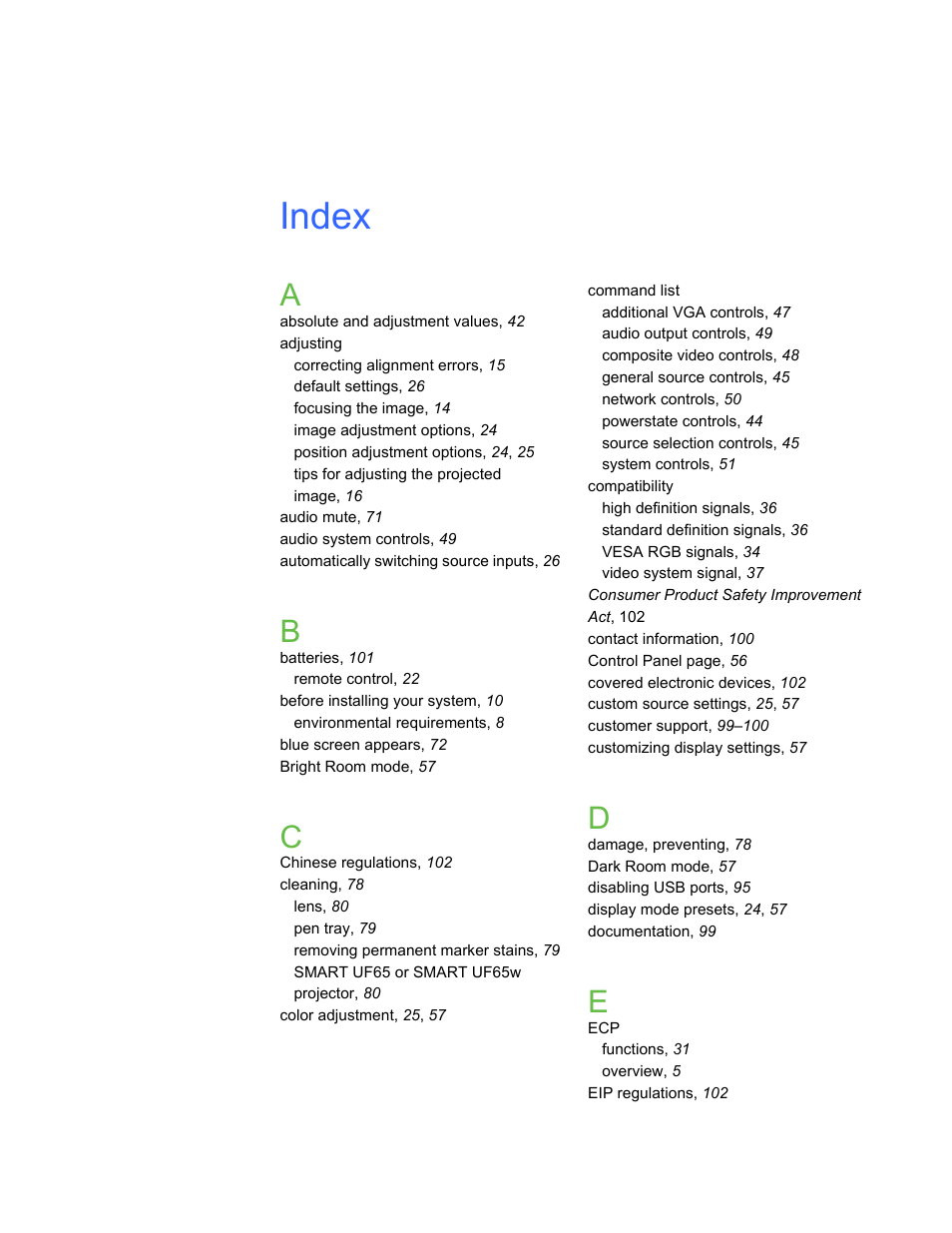 Index | Smart Technologies Smart Board Interactive Whiteboard Systems 600i4 User Manual | Page 119 / 124