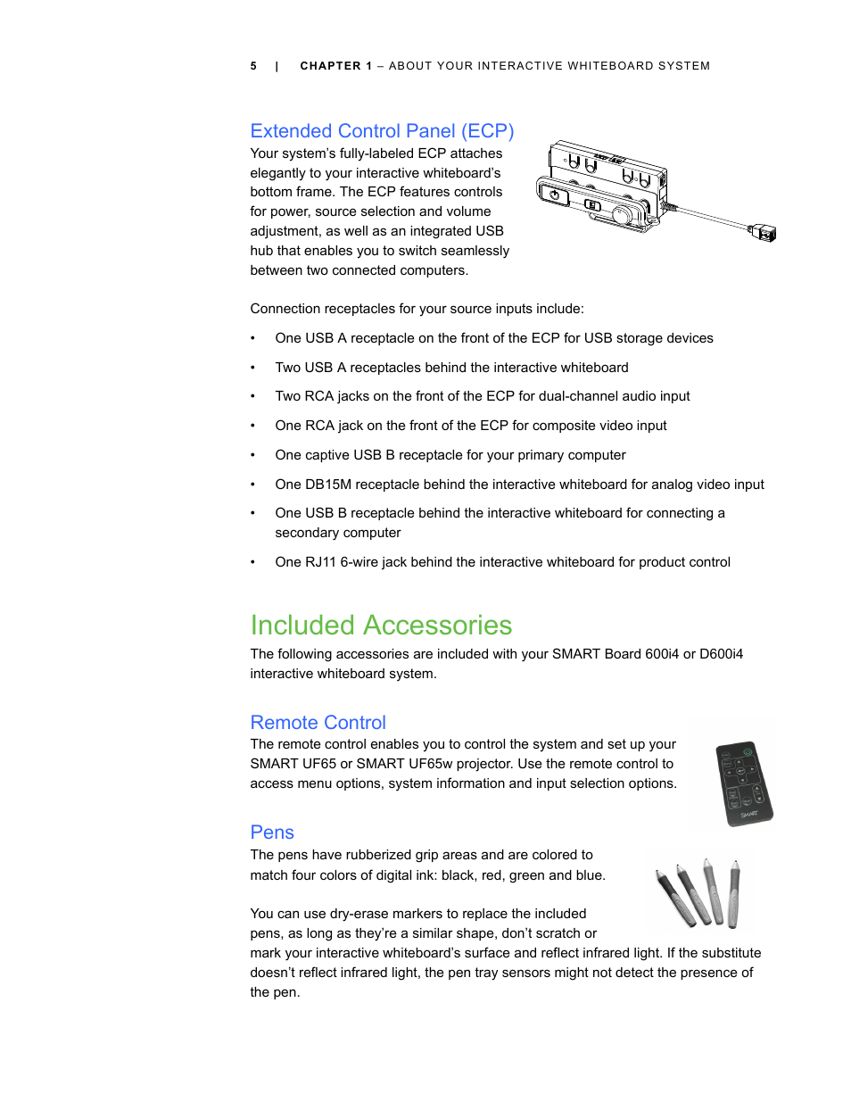 Extended control panel (ecp), Included accessories, Remote control | Pens | Smart Technologies Smart Board Interactive Whiteboard Systems 600i4 User Manual | Page 21 / 124