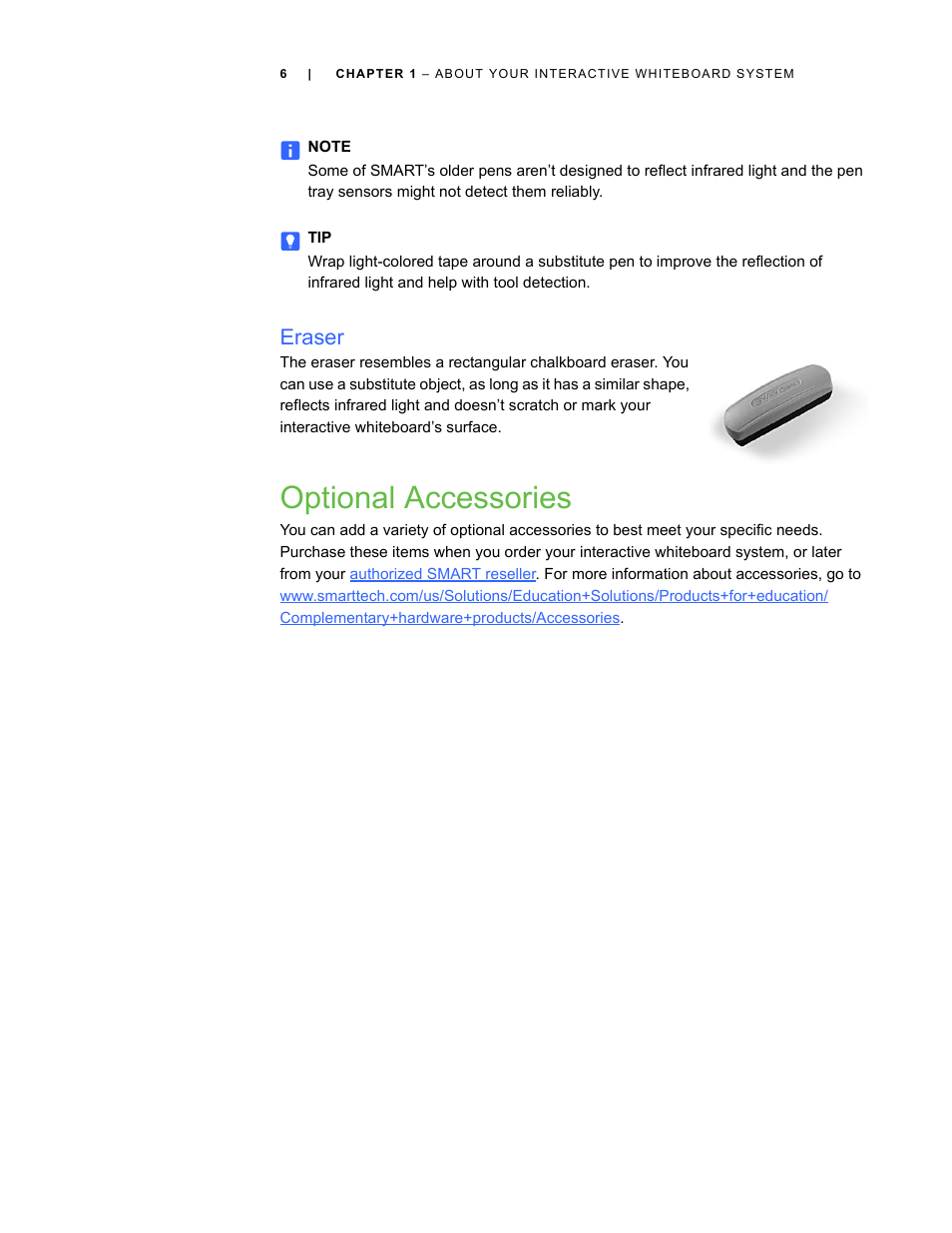 Eraser, Optional accessories | Smart Technologies Smart Board Interactive Whiteboard Systems 600i4 User Manual | Page 22 / 124