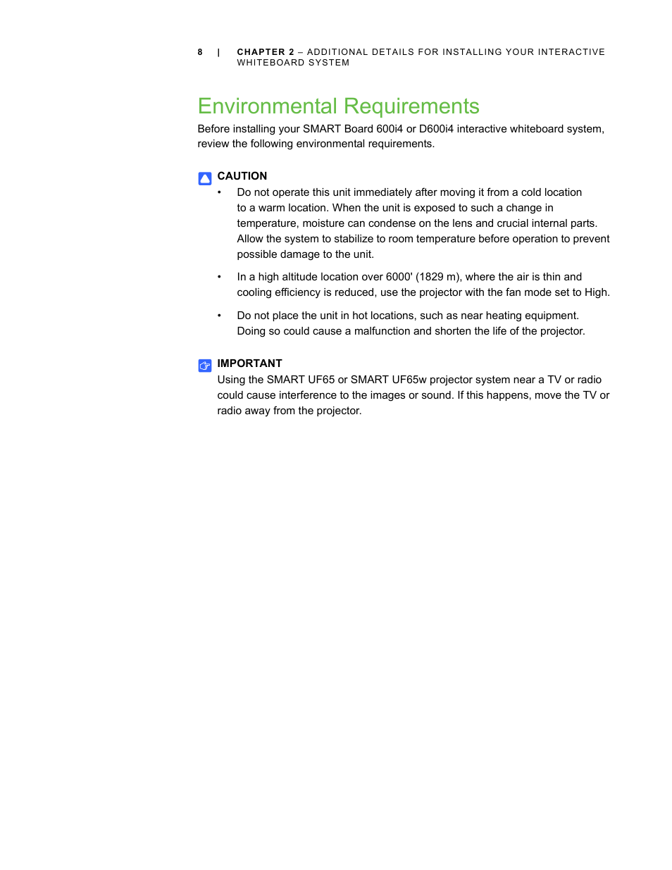 Environmental requirements | Smart Technologies Smart Board Interactive Whiteboard Systems 600i4 User Manual | Page 24 / 124