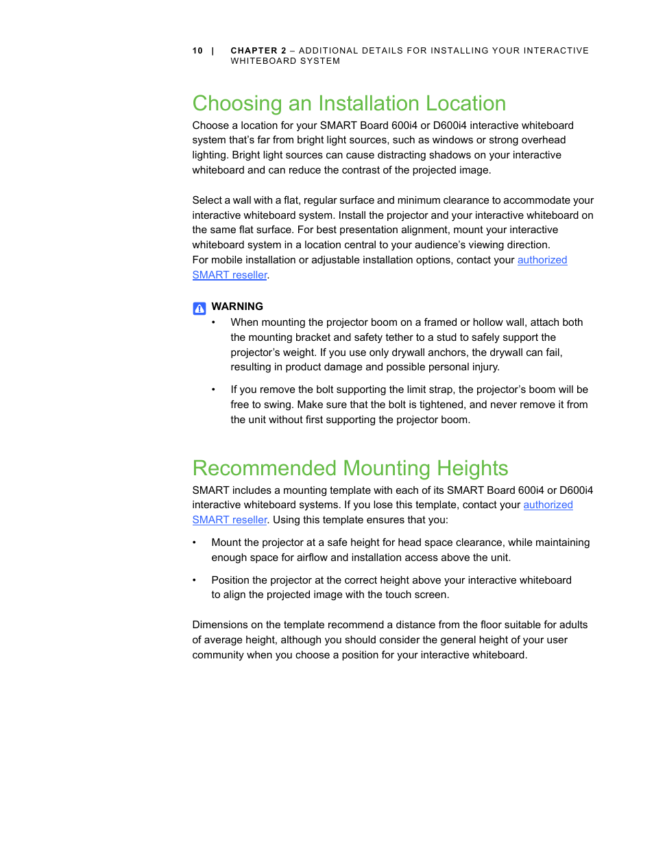 Choosing an installation location, Recommended mounting heights | Smart Technologies Smart Board Interactive Whiteboard Systems 600i4 User Manual | Page 26 / 124