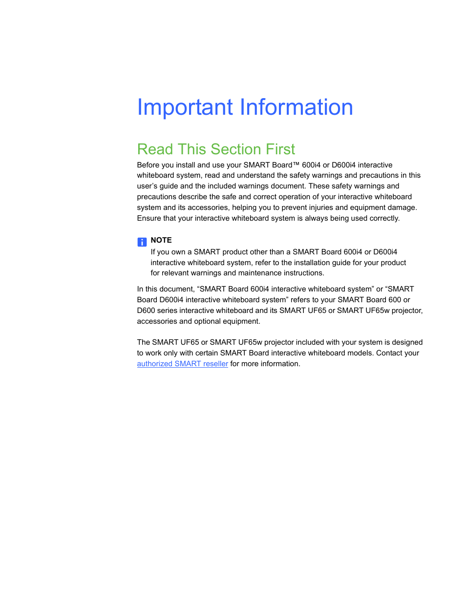 Important information, Read this section first | Smart Technologies Smart Board Interactive Whiteboard Systems 600i4 User Manual | Page 3 / 124