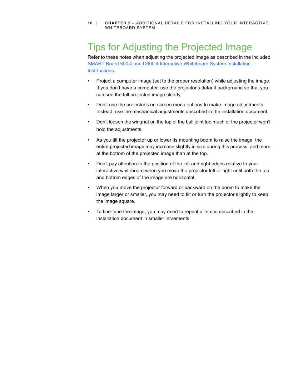 Tips for adjusting the projected image | Smart Technologies Smart Board Interactive Whiteboard Systems 600i4 User Manual | Page 32 / 124