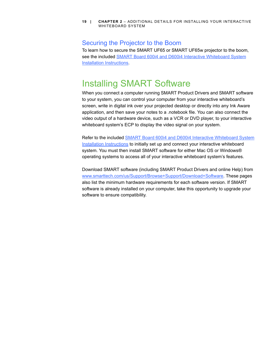 Securing the projector to the boom, Installing smart software | Smart Technologies Smart Board Interactive Whiteboard Systems 600i4 User Manual | Page 35 / 124