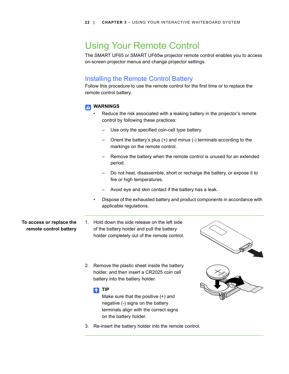 Using your remote control, Installing the remote control battery | Smart Technologies Smart Board Interactive Whiteboard Systems 600i4 User Manual | Page 38 / 124