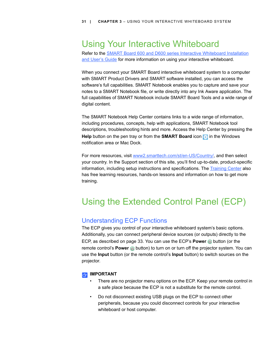 Using your interactive whiteboard, Using the extended control panel (ecp), Understanding ecp functions | Smart Technologies Smart Board Interactive Whiteboard Systems 600i4 User Manual | Page 47 / 124