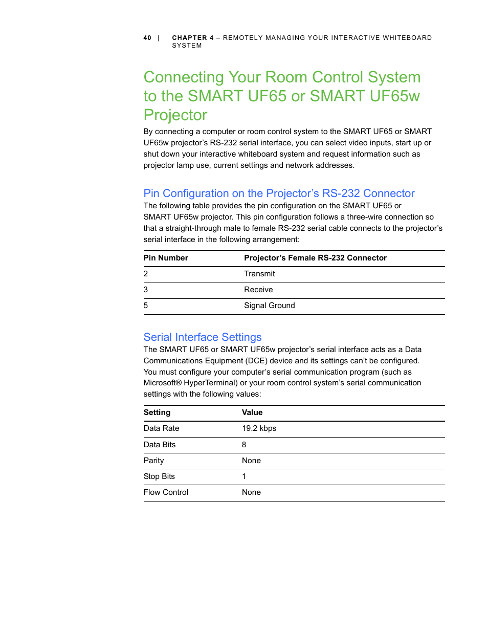 Serial interface settings | Smart Technologies Smart Board Interactive Whiteboard Systems 600i4 User Manual | Page 56 / 124