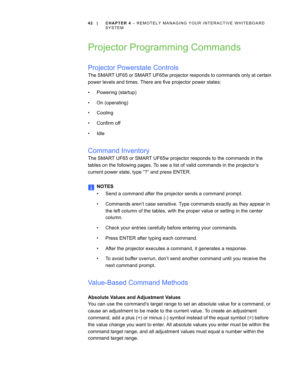 Projector programming commands, Projector powerstate controls, Command inventory | Value-based command methods, Absolute values and adjustment values | Smart Technologies Smart Board Interactive Whiteboard Systems 600i4 User Manual | Page 58 / 124