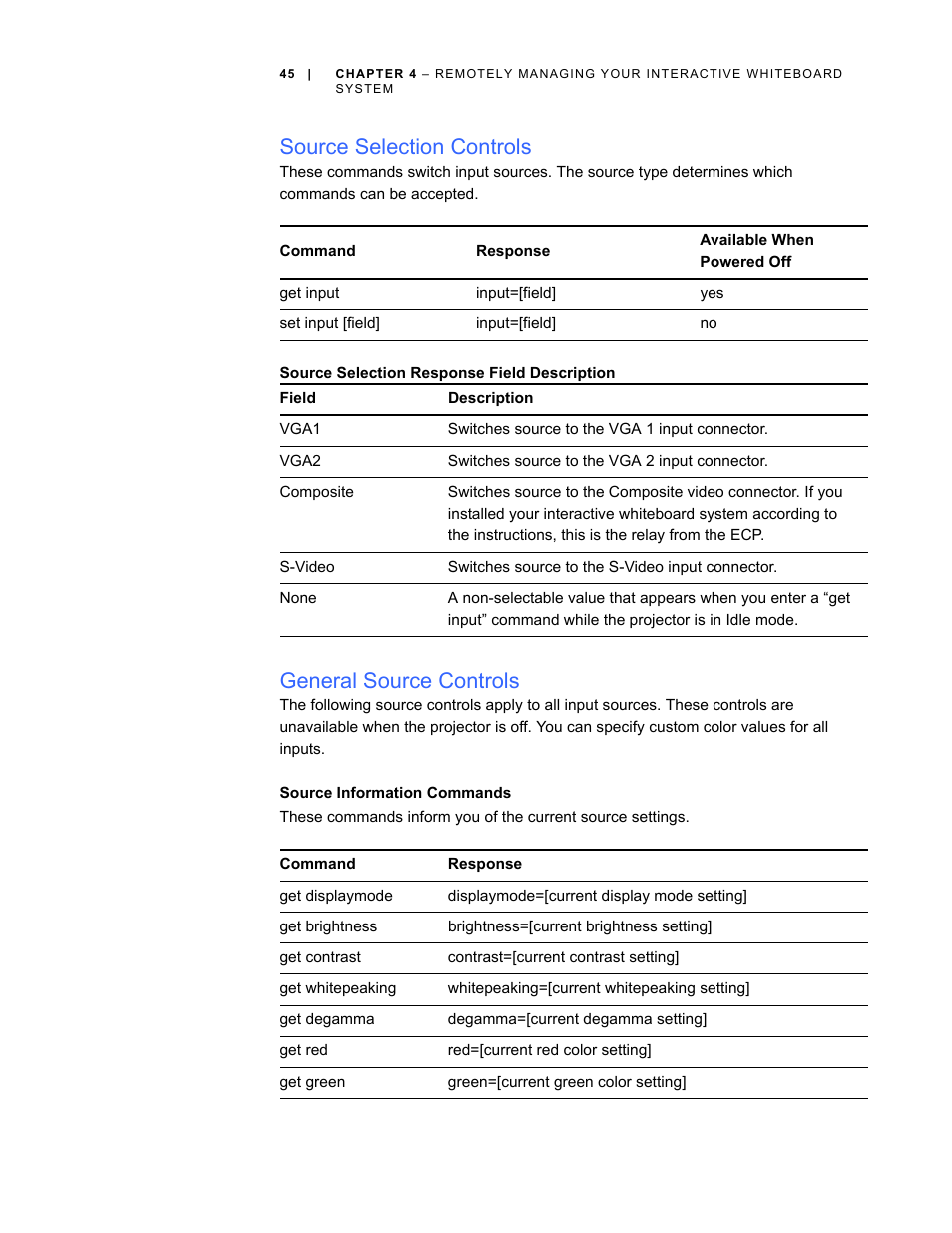 Source selection controls, Source selection response field description, General source controls | Source information commands | Smart Technologies Smart Board Interactive Whiteboard Systems 600i4 User Manual | Page 61 / 124