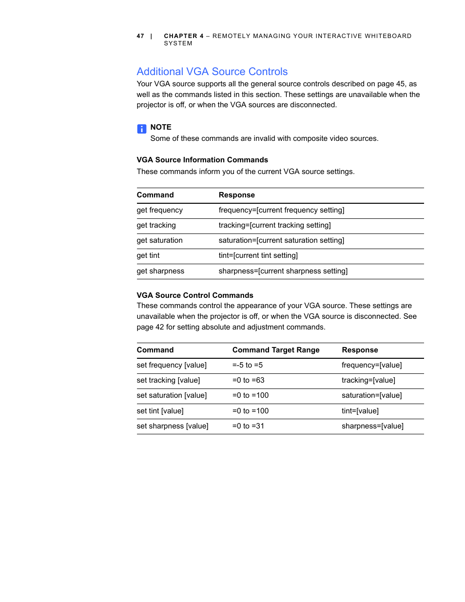 Additional vga source controls, Vga source information commands, Vga source control commands | Smart Technologies Smart Board Interactive Whiteboard Systems 600i4 User Manual | Page 63 / 124