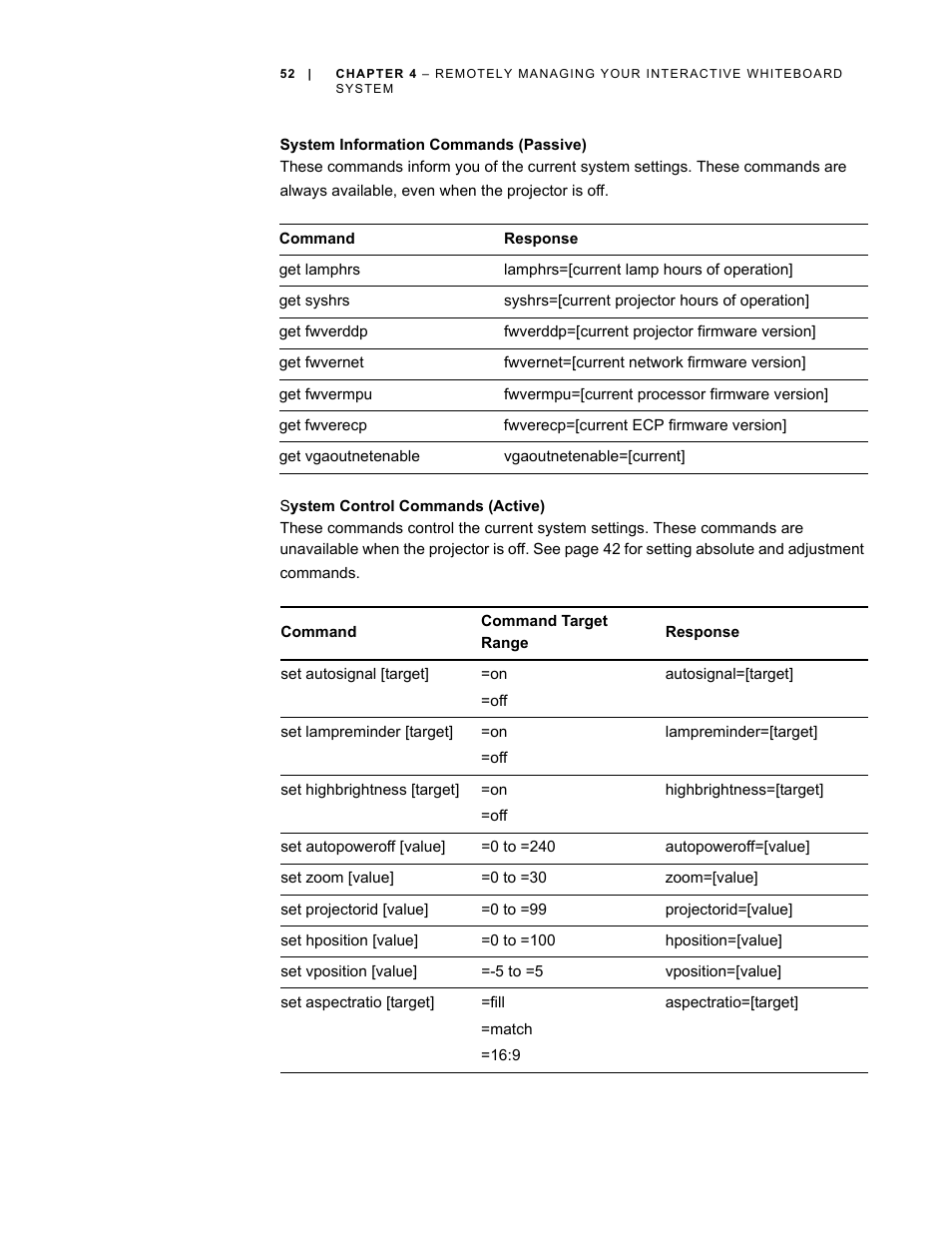 System information commands (passive), System control commands (active) | Smart Technologies Smart Board Interactive Whiteboard Systems 600i4 User Manual | Page 68 / 124