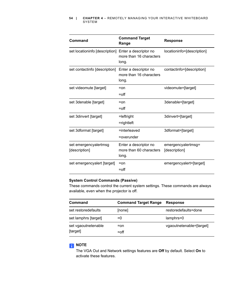 System control commands (passive) | Smart Technologies Smart Board Interactive Whiteboard Systems 600i4 User Manual | Page 70 / 124