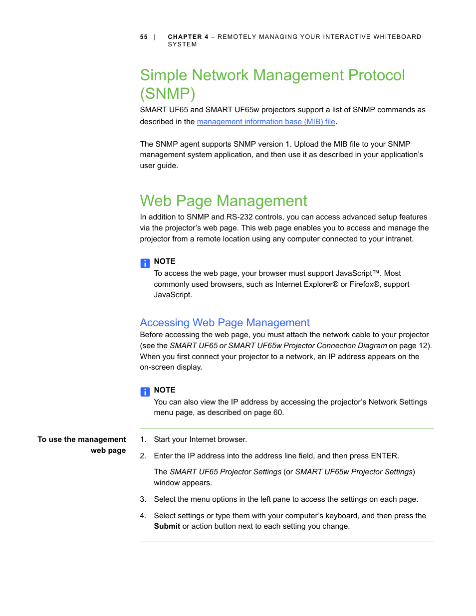 Simple network management protocol (snmp), Web page management, Accessing web page management | Smart Technologies Smart Board Interactive Whiteboard Systems 600i4 User Manual | Page 71 / 124