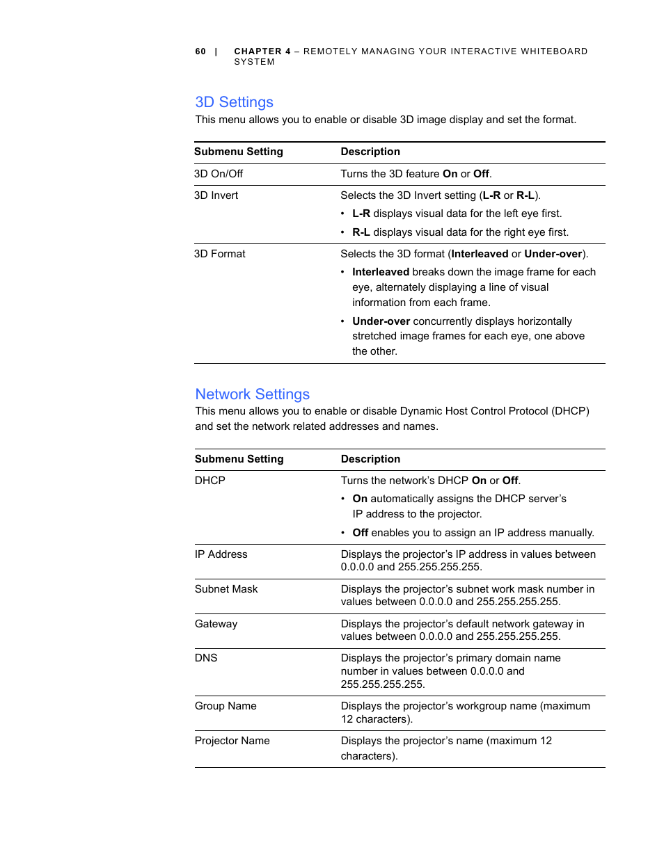 3d settings, Network settings | Smart Technologies Smart Board Interactive Whiteboard Systems 600i4 User Manual | Page 76 / 124