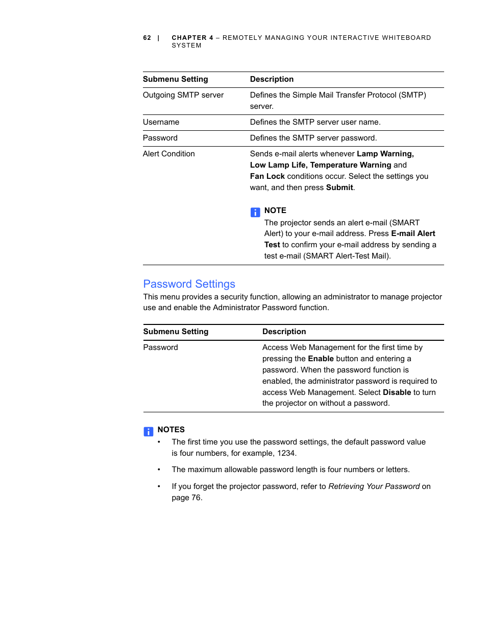 Password settings | Smart Technologies Smart Board Interactive Whiteboard Systems 600i4 User Manual | Page 78 / 124