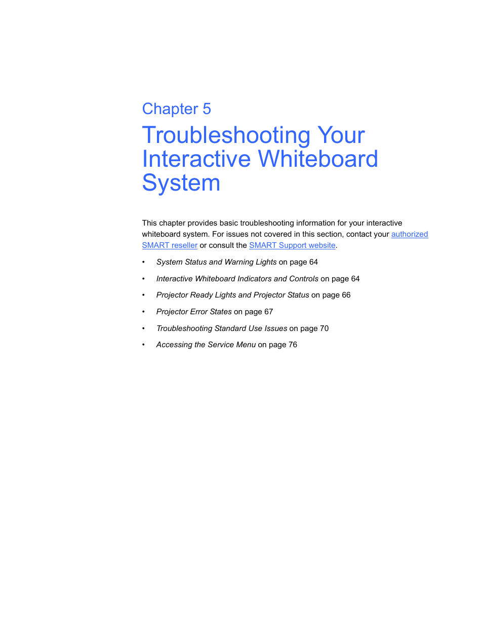 Troubleshooting your interactive whiteboard system, Chapter 5 | Smart Technologies Smart Board Interactive Whiteboard Systems 600i4 User Manual | Page 79 / 124