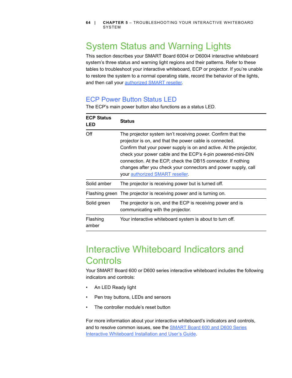 System status and warning lights, Ecp power button status led, Interactive whiteboard indicators and controls | Smart Technologies Smart Board Interactive Whiteboard Systems 600i4 User Manual | Page 80 / 124