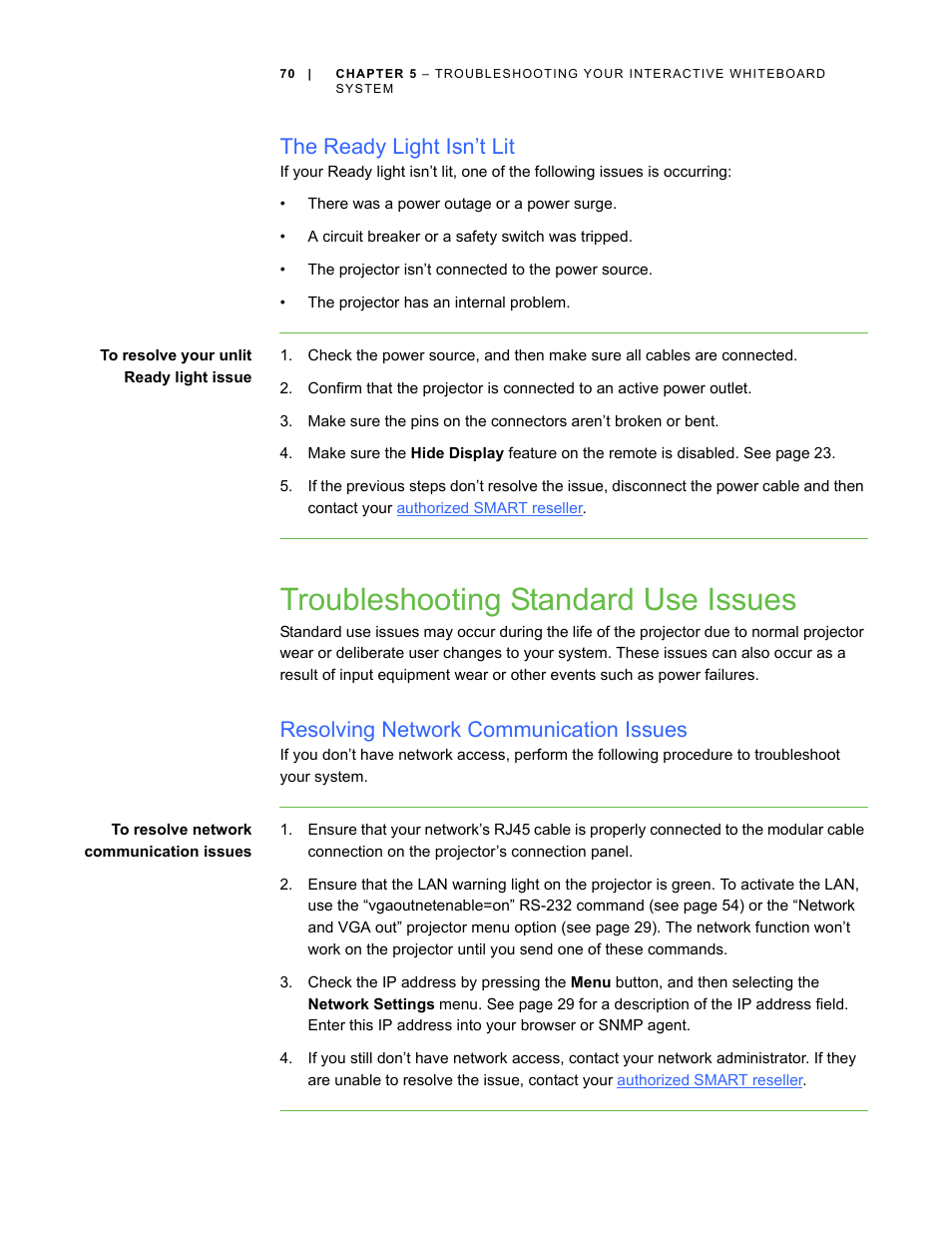 The ready light isn’t lit, Troubleshooting standard use issues, Resolving network communication issues | Smart Technologies Smart Board Interactive Whiteboard Systems 600i4 User Manual | Page 86 / 124