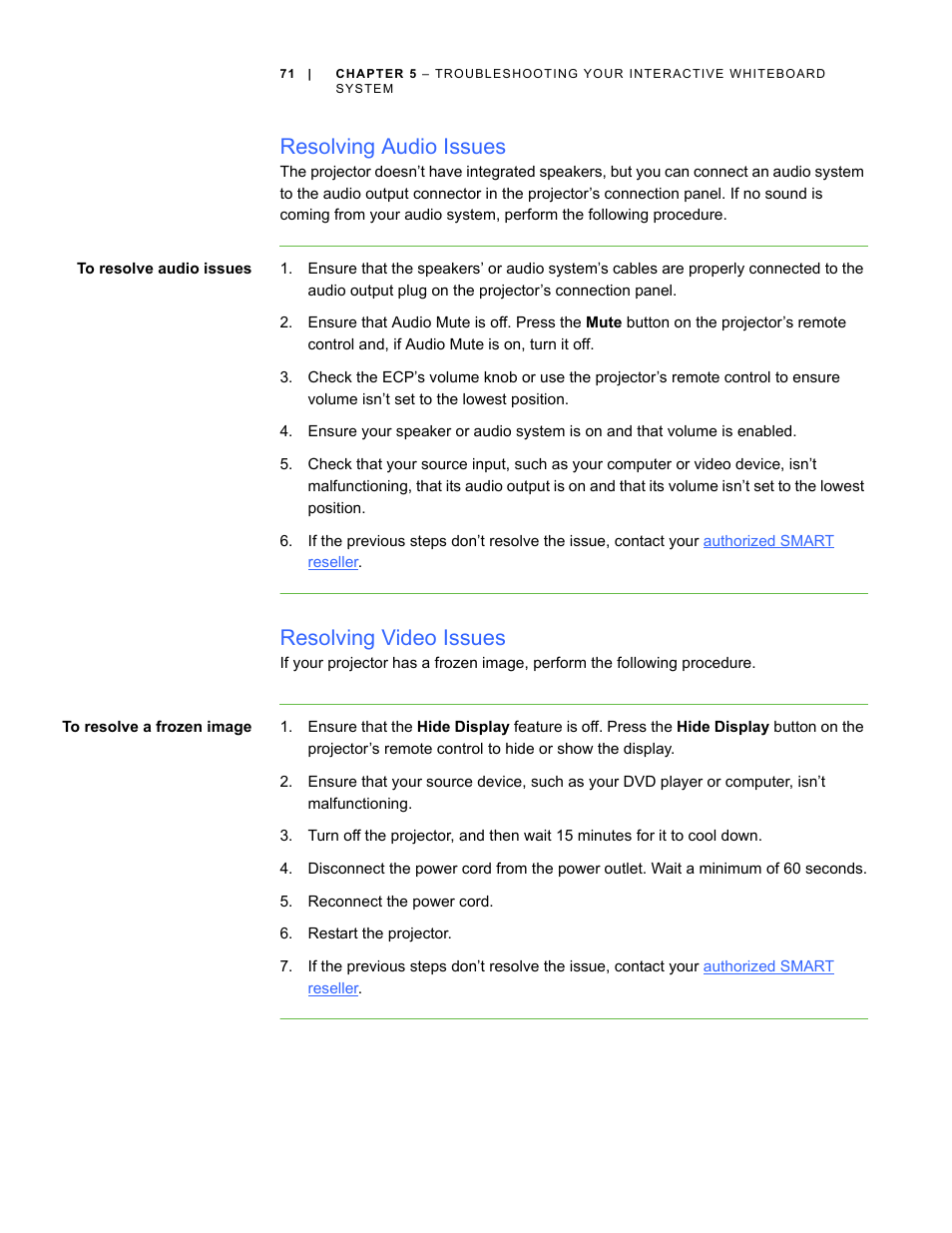 Resolving audio issues, Resolving video issues | Smart Technologies Smart Board Interactive Whiteboard Systems 600i4 User Manual | Page 87 / 124