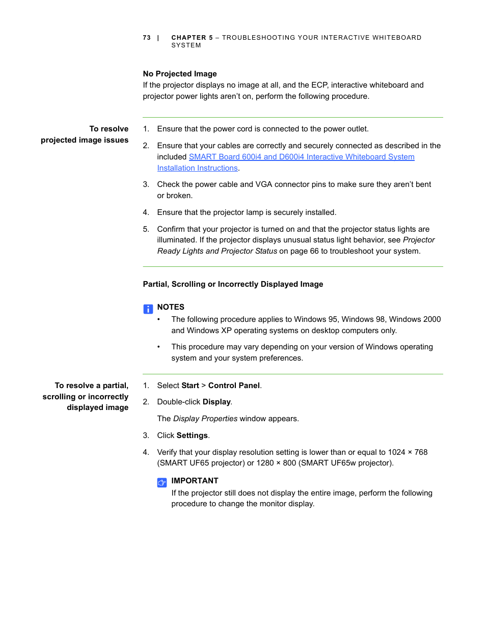 No projected image, Partial, scrolling or incorrectly displayed image | Smart Technologies Smart Board Interactive Whiteboard Systems 600i4 User Manual | Page 89 / 124