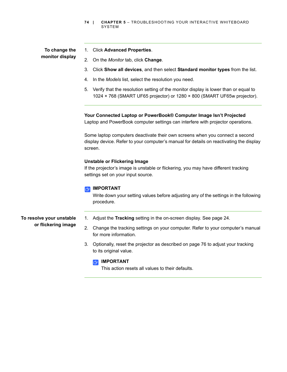 Unstable or flickering image | Smart Technologies Smart Board Interactive Whiteboard Systems 600i4 User Manual | Page 90 / 124