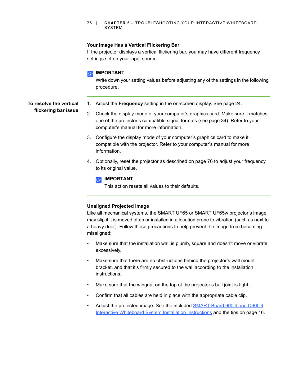 Your image has a vertical flickering bar, Unaligned projected image | Smart Technologies Smart Board Interactive Whiteboard Systems 600i4 User Manual | Page 91 / 124