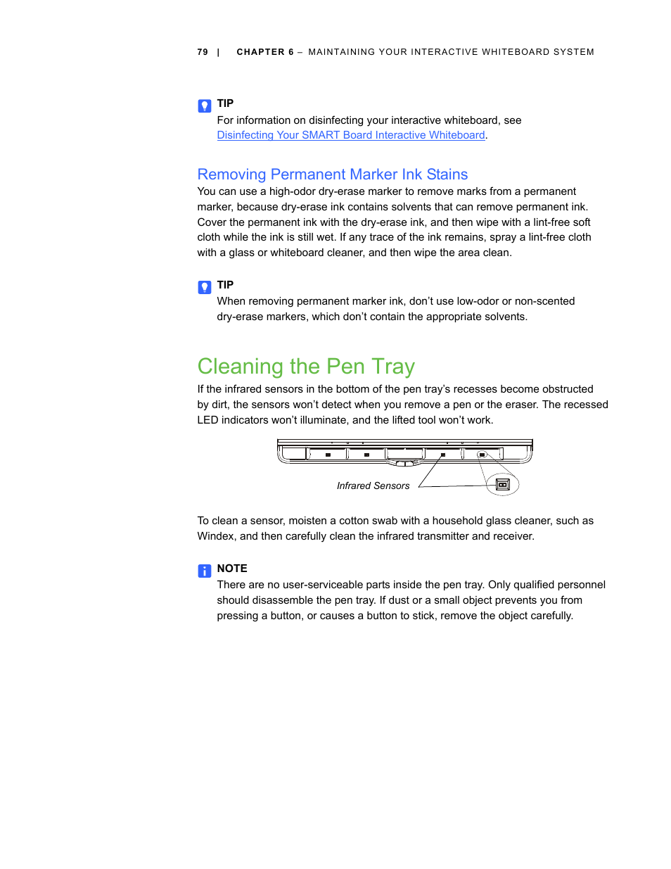 Removing permanent marker ink stains, Cleaning the pen tray | Smart Technologies Smart Board Interactive Whiteboard Systems 600i4 User Manual | Page 95 / 124