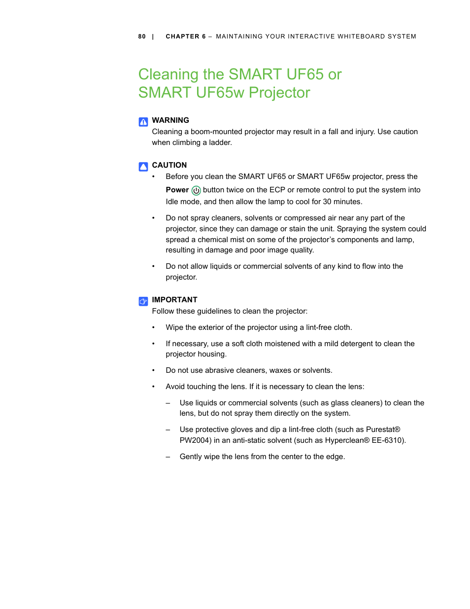 Cleaning the smart uf65 or smart uf65w projector | Smart Technologies Smart Board Interactive Whiteboard Systems 600i4 User Manual | Page 96 / 124