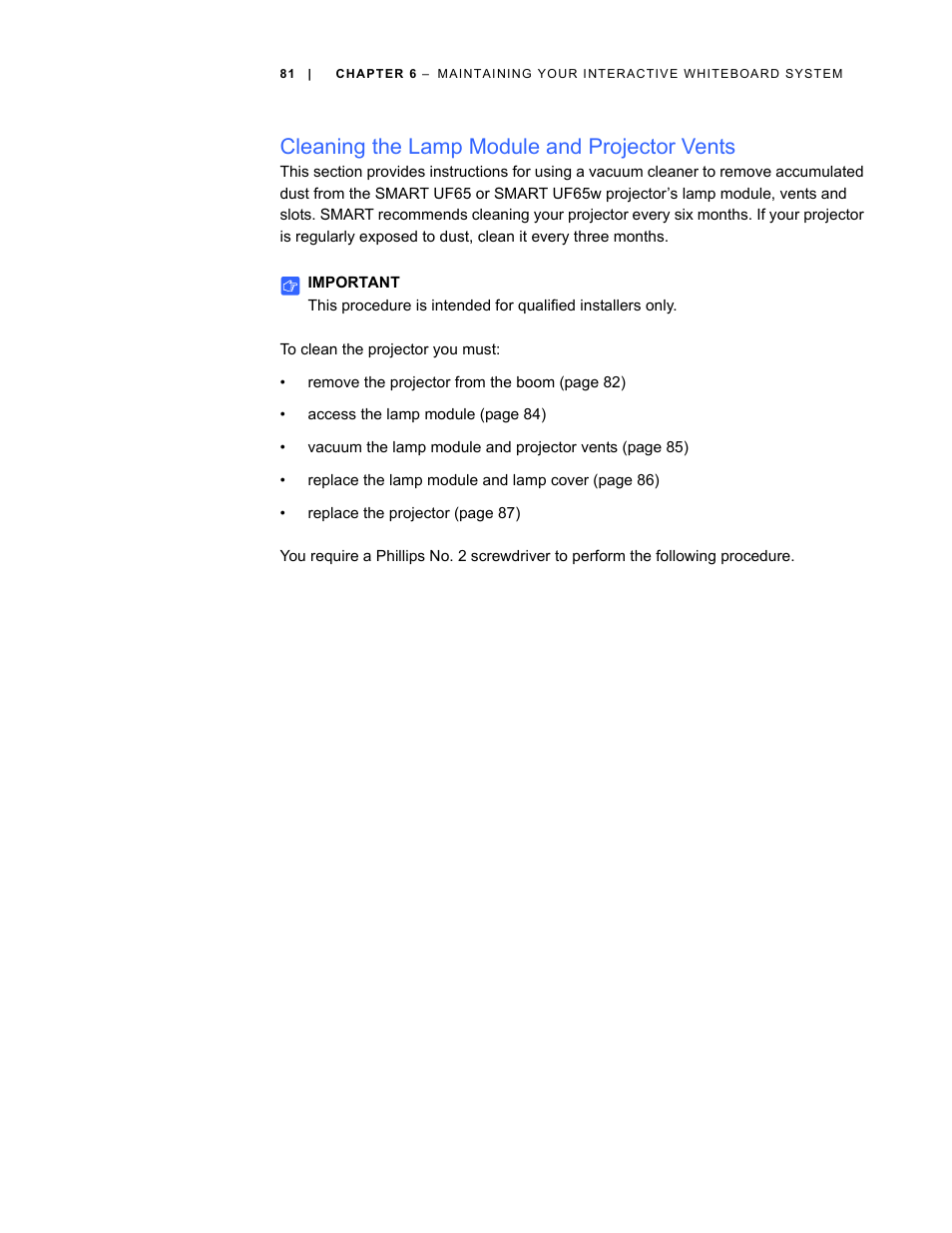 Cleaning the lamp module and projector vents | Smart Technologies Smart Board Interactive Whiteboard Systems 600i4 User Manual | Page 97 / 124