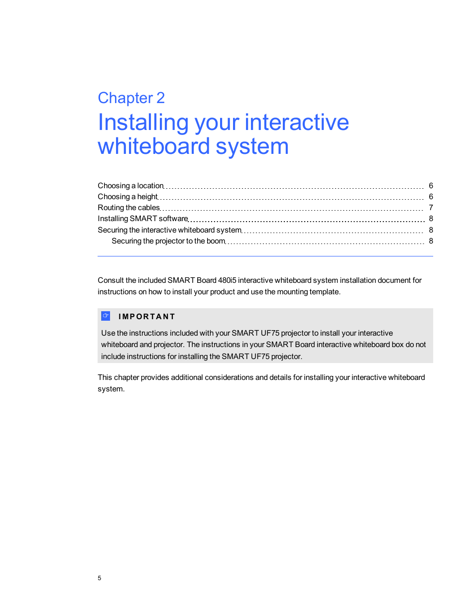 Installing your interactive whiteboard system, Chapter 2 | Smart Technologies Interactive Whiteboard System 480i5 User Manual | Page 15 / 87