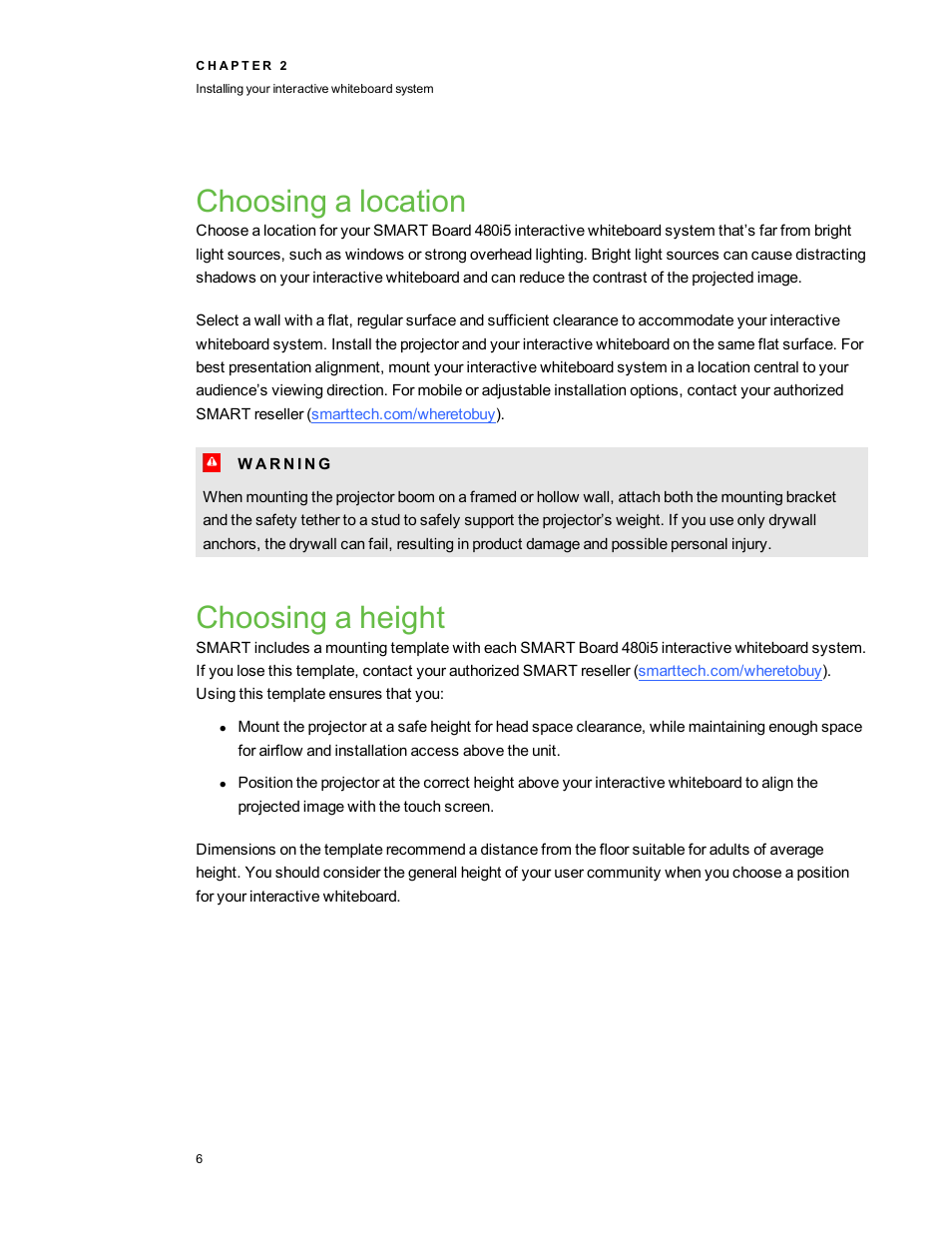Choosing a location, Choosing a height | Smart Technologies Interactive Whiteboard System 480i5 User Manual | Page 16 / 87