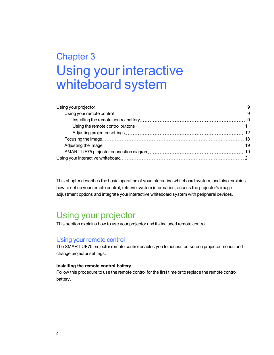 Using your interactive whiteboard system, Using your projector, Using your remote control | Installing the remote control battery, Chapter 3 | Smart Technologies Interactive Whiteboard System 480i5 User Manual | Page 19 / 87