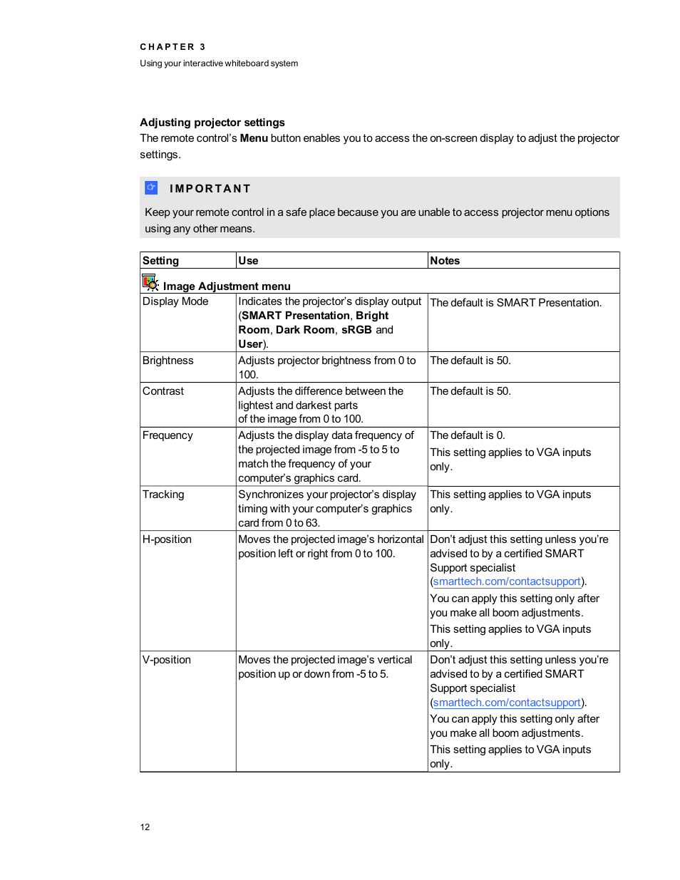 Adjusting projector settings | Smart Technologies Interactive Whiteboard System 480i5 User Manual | Page 22 / 87