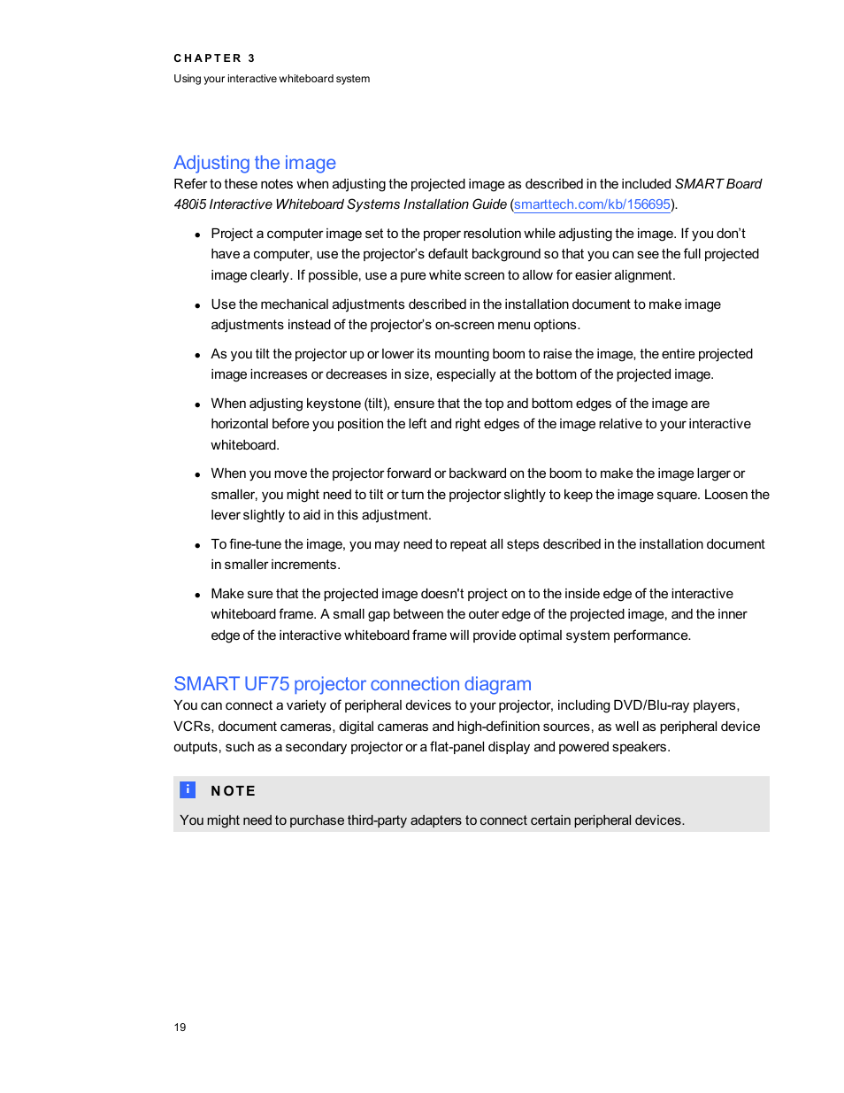 Adjusting the image, Smart uf75 projector connection diagram | Smart Technologies Interactive Whiteboard System 480i5 User Manual | Page 29 / 87