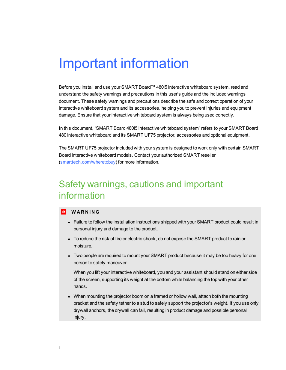 Important information | Smart Technologies Interactive Whiteboard System 480i5 User Manual | Page 3 / 87