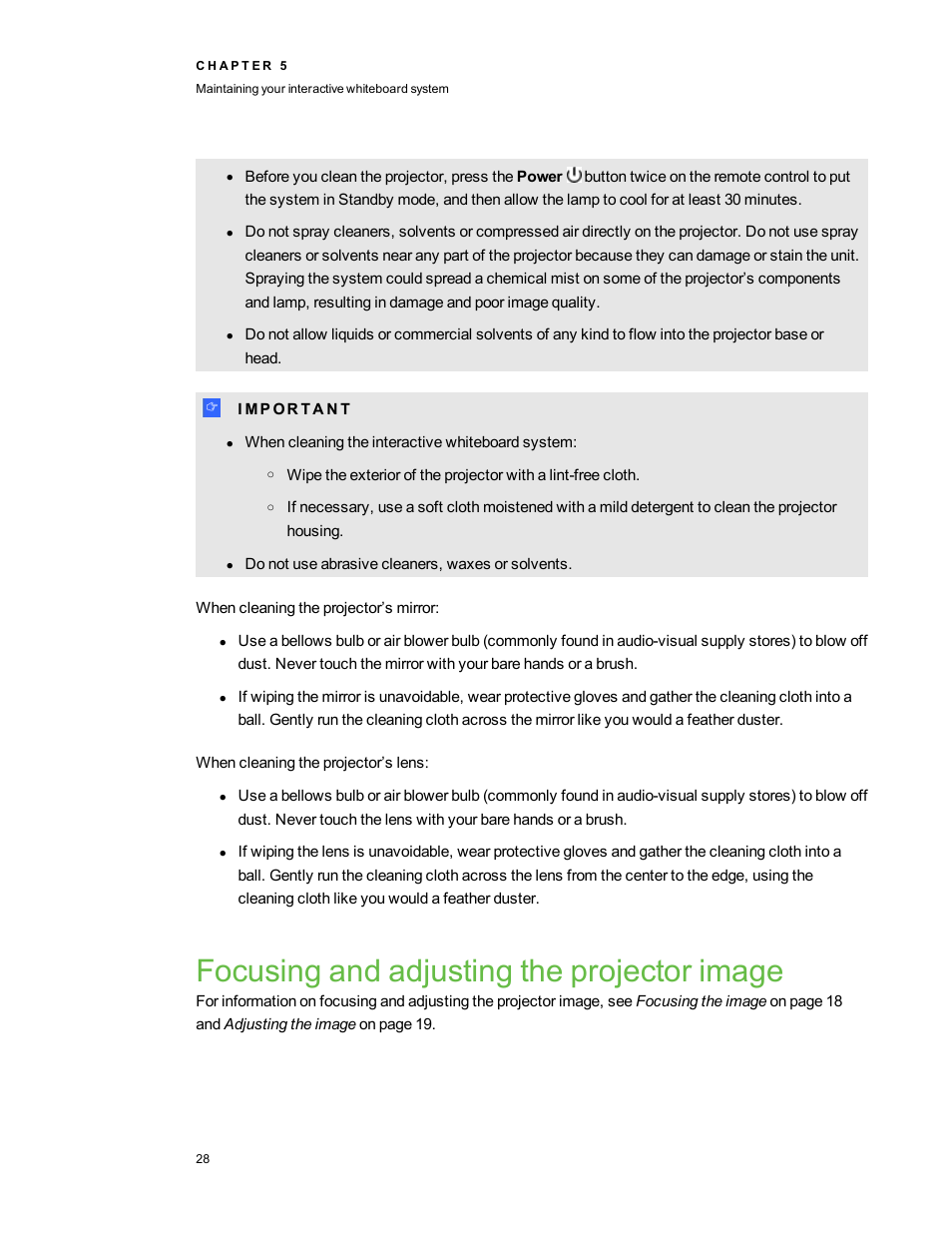 Focusing and adjusting the projector image | Smart Technologies Interactive Whiteboard System 480i5 User Manual | Page 38 / 87