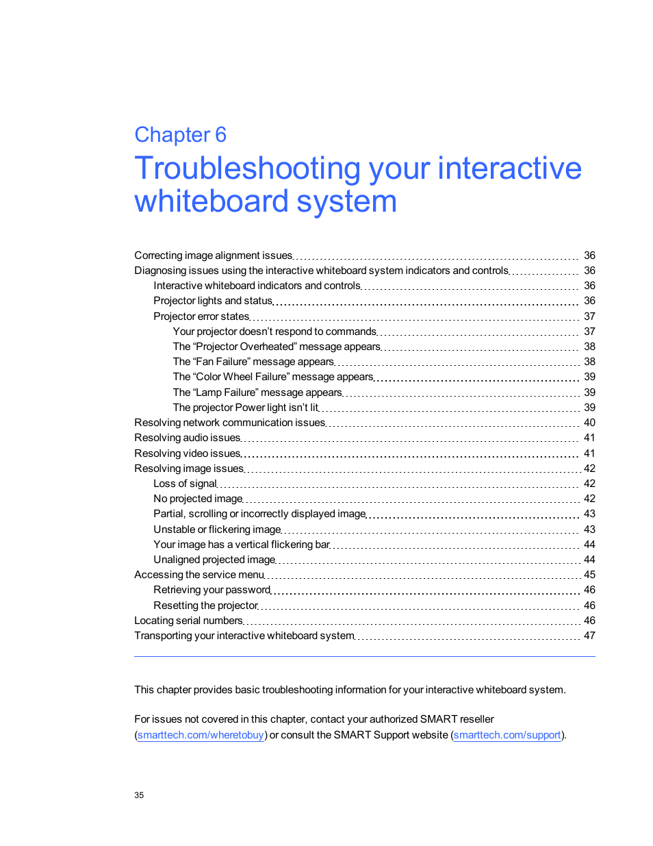 Troubleshooting your interactive whiteboard system, Chapter 6 | Smart Technologies Interactive Whiteboard System 480i5 User Manual | Page 45 / 87